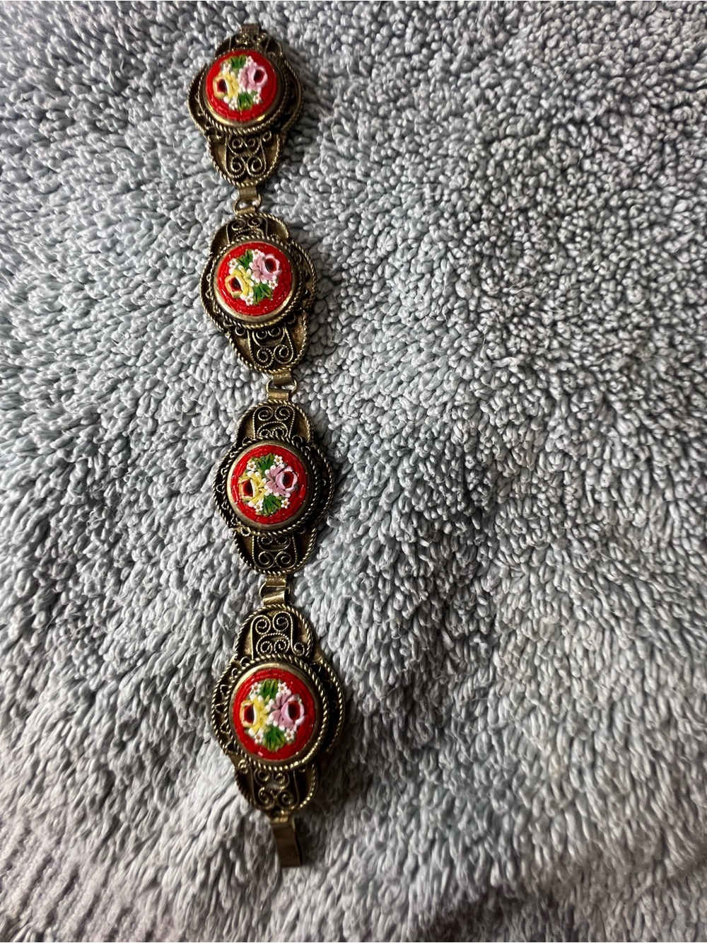 Vintage Italian Floral Red Enamel Link Bracelet